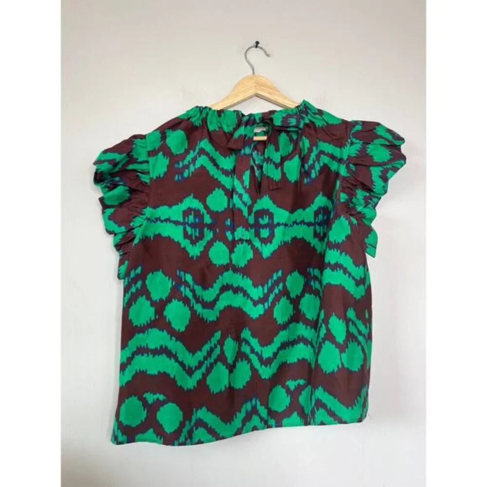NEW Ulla Johnson Iren Abstract Silk Crew-Neck Ruffled Blouse Top - Picture 6 of 7